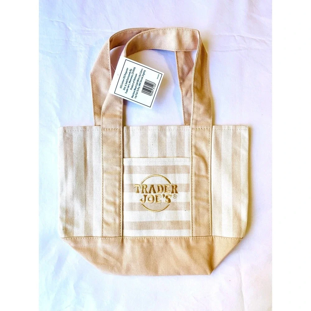 Trader Joes Striped Mini Canvas Tote Bag NWT Beige Limited Summer Ed. QUICK SHIP